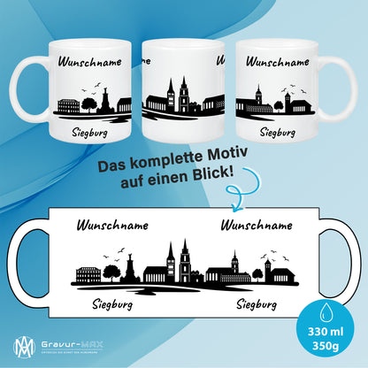 Tasse in Weiß 330ml bedruckt mit der Skyline von Siegburg personalisierbar mit Wunschname