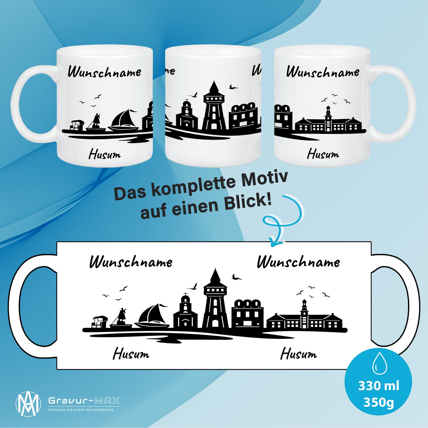 Tasse in Weiß 330ml bedruckt mit der Skyline von Husum personalisierbar mit Wunschname