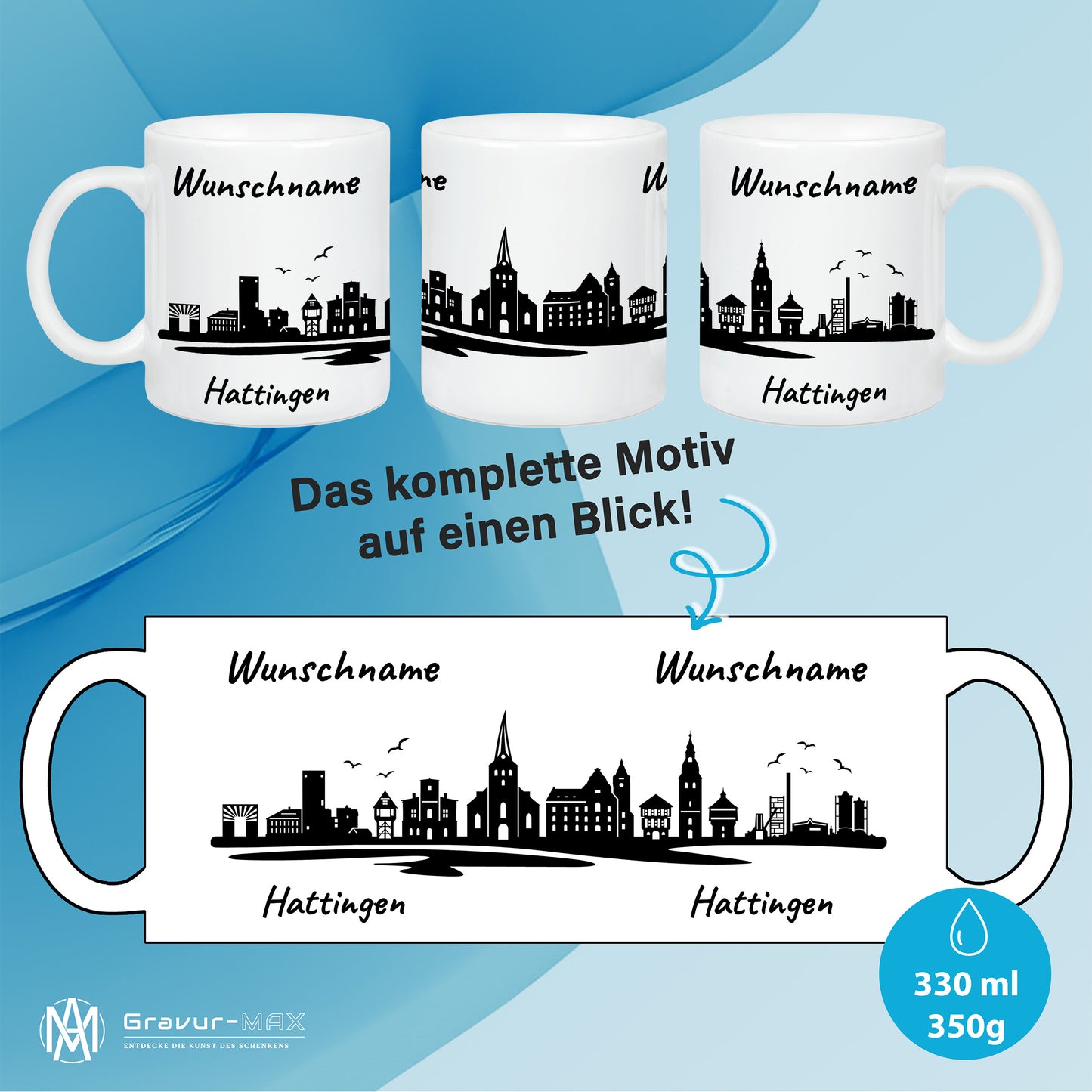 Tasse in Weiß 330ml bedruckt mit der Skyline von Hattingen personalisierbar mit Wunschname