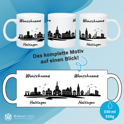 Tasse in Weiß 330ml bedruckt mit der Skyline von Hattingen personalisierbar mit Wunschname