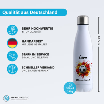 Thermoflasche 500ml in Weiß aus Edelstahl bedruckt "Fußball" Motiv9 personalisierbar mit Wunschname & Text