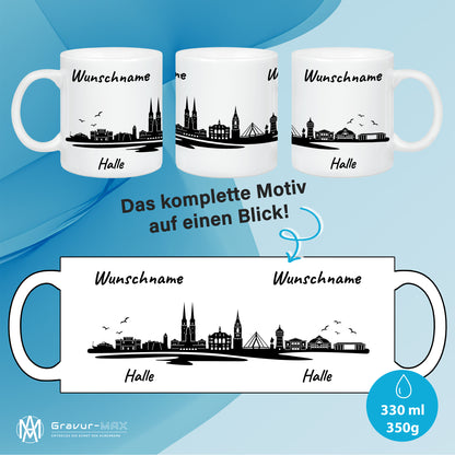 Tasse in Weiß 330ml bedruckt mit der Skyline von Halle personalisierbar mit Wunschname