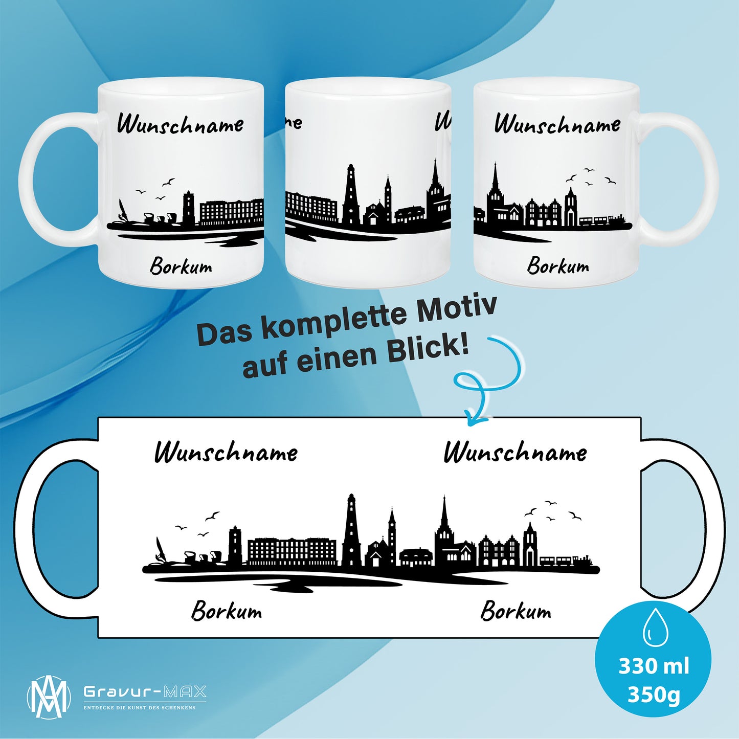 Tasse in Weiß 330ml bedruckt mit der Skyline von Borkum personalisierbar mit Wunschname
