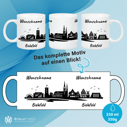 Tasse in Weiß 330ml bedruckt mit der Skyline von Bielefeld personalisierbar mit Wunschname