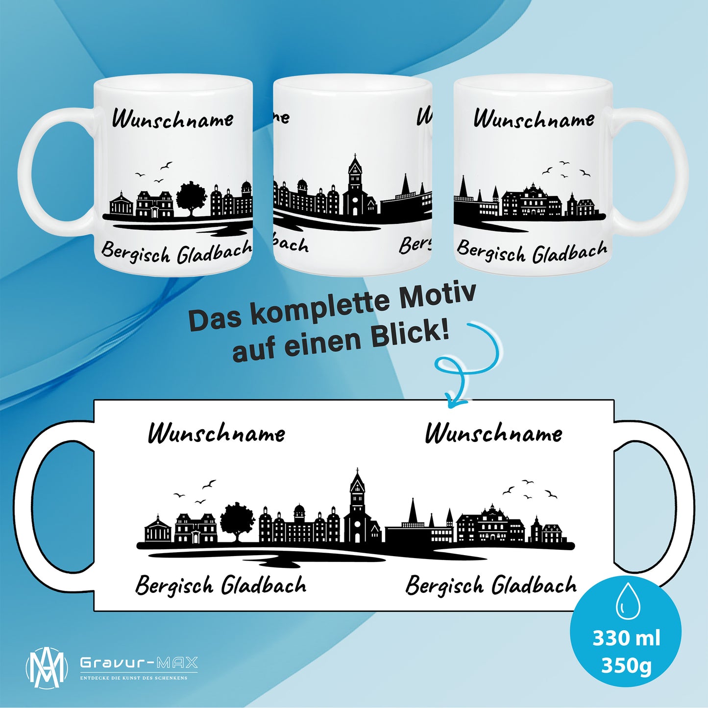 Tasse in Weiß 330ml bedruckt mit der Skyline von Bergisch Gladbach personalisierbar mit Wunschname