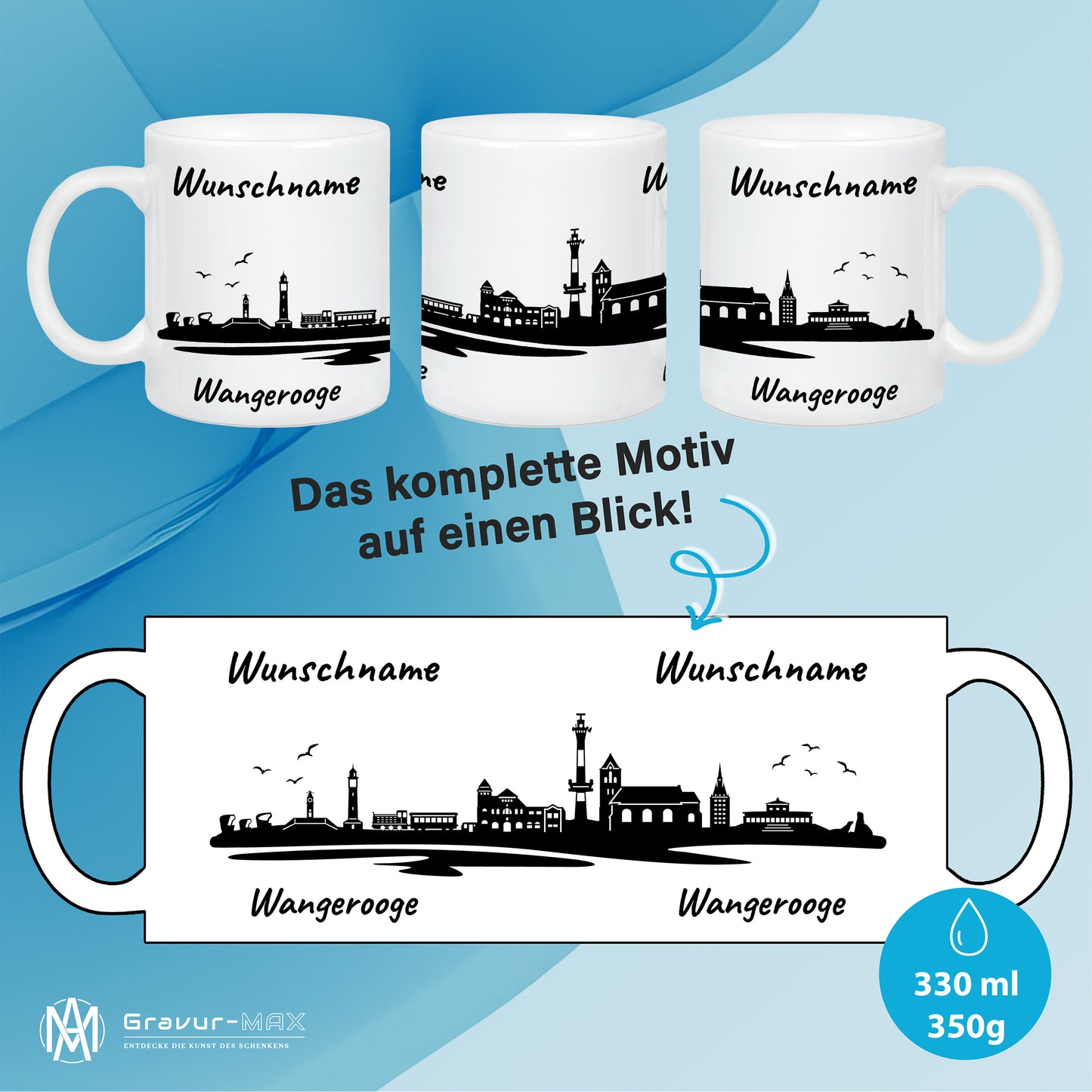 Tasse in Weiß 330ml bedruckt mit der Skyline von Wangerooge personalisierbar mit Wunschname