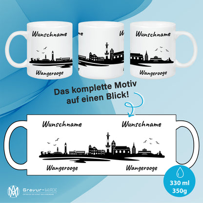 Tasse in Weiß 330ml bedruckt mit der Skyline von Wangerooge personalisierbar mit Wunschname