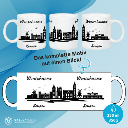 Tasse in Weiß 330ml bedruckt mit der Skyline von Kempen personalisierbar mit Wunschname