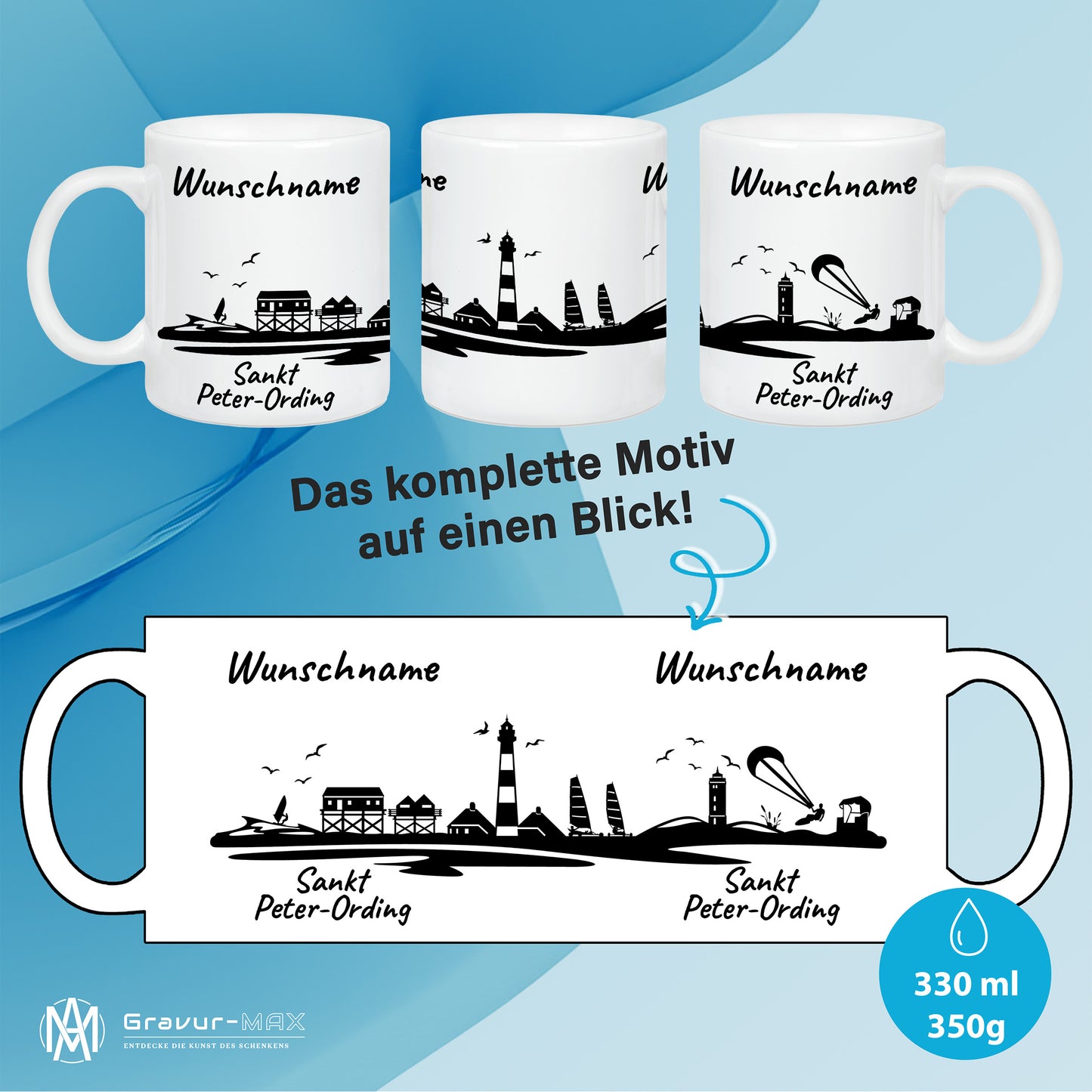 Tasse in Weiß 330ml bedruckt mit der Skyline von Sankt Peter-Ording personalisierbar mit Wunschname
