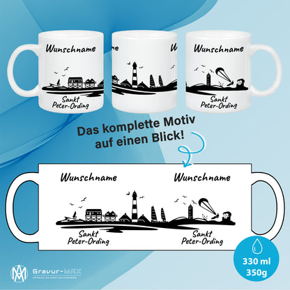 Tasse in Weiß 330ml bedruckt mit der Skyline von Sankt Peter-Ording personalisierbar mit Wunschname