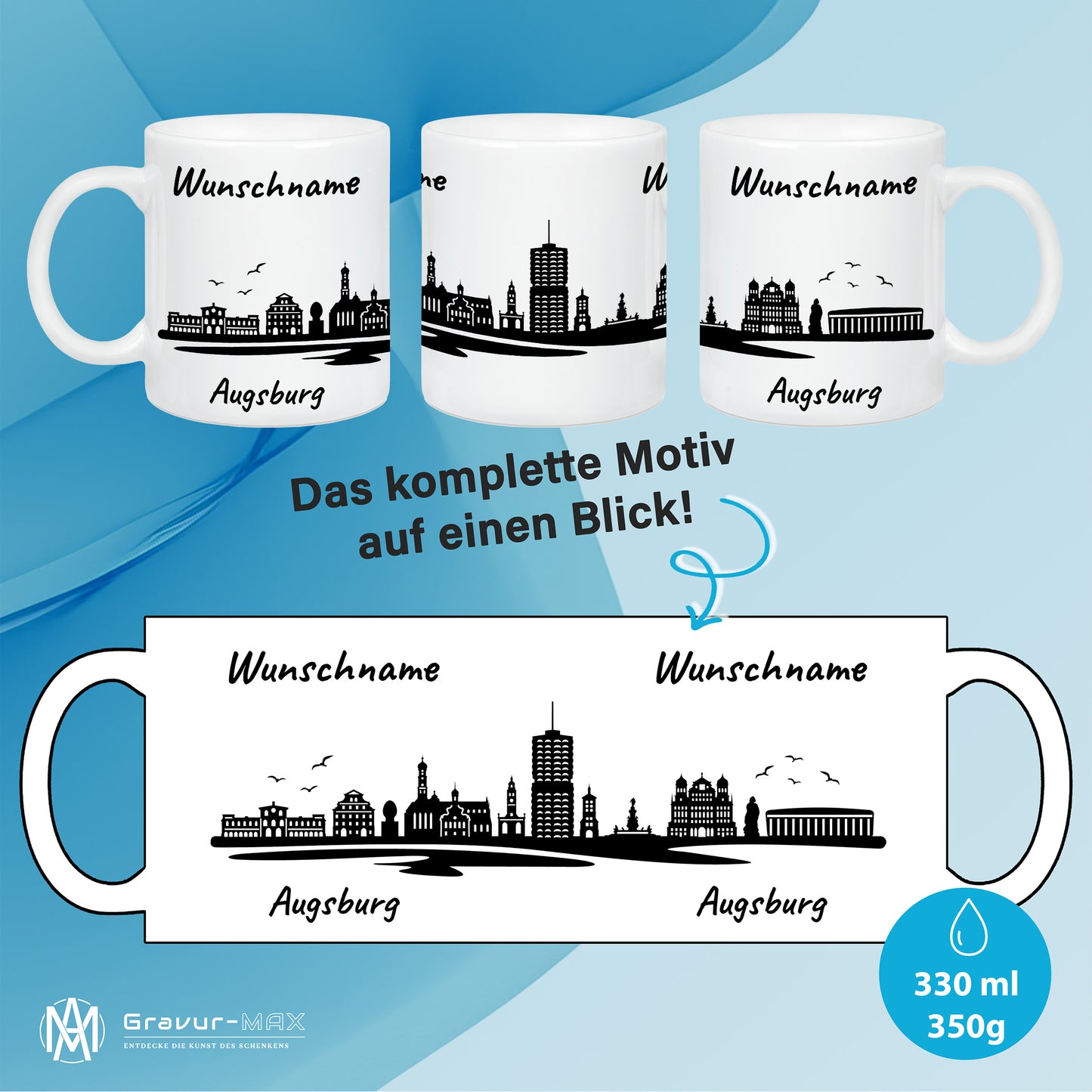 Tasse in Weiß 330ml bedruckt mit der Skyline von Augsburg personalisierbar mit Wunschname