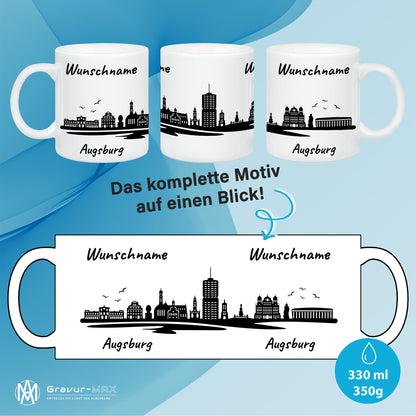 Tasse in Weiß 330ml bedruckt mit der Skyline von Augsburg personalisierbar mit Wunschname