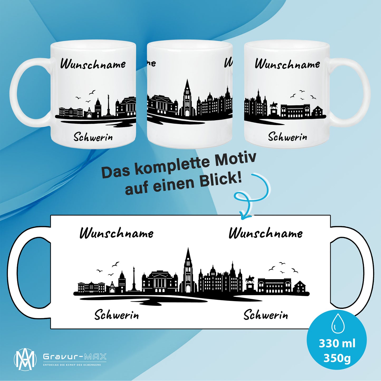 Tasse in Weiß 330ml bedruckt mit der Skyline von Schwerin personalisierbar mit Wunschname