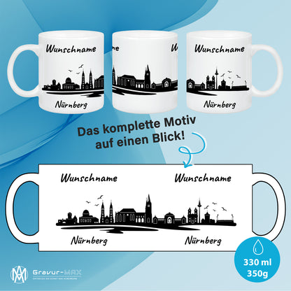 Tasse in Weiß 330ml bedruckt mit der Skyline von Nürnberg personalisierbar mit Wunschname
