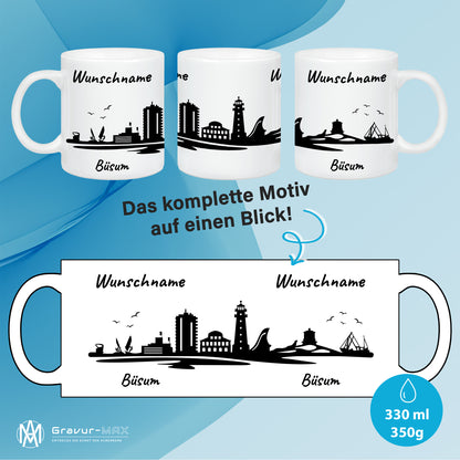 Tasse in Weiß 330ml bedruckt mit der Skyline von Büsum personalisierbar mit Wunschname