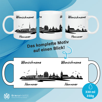 Tasse in Weiß 330ml bedruckt mit der Skyline von Hannover personalisierbar mit Wunschname