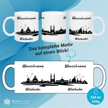 Tasse in Weiß 330ml bedruckt mit der Skyline von Wiesbaden personalisierbar mit Wunschname