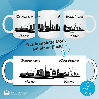 Tasse in Weiß 330ml bedruckt mit der Skyline von Münster personalisierbar mit Wunschname