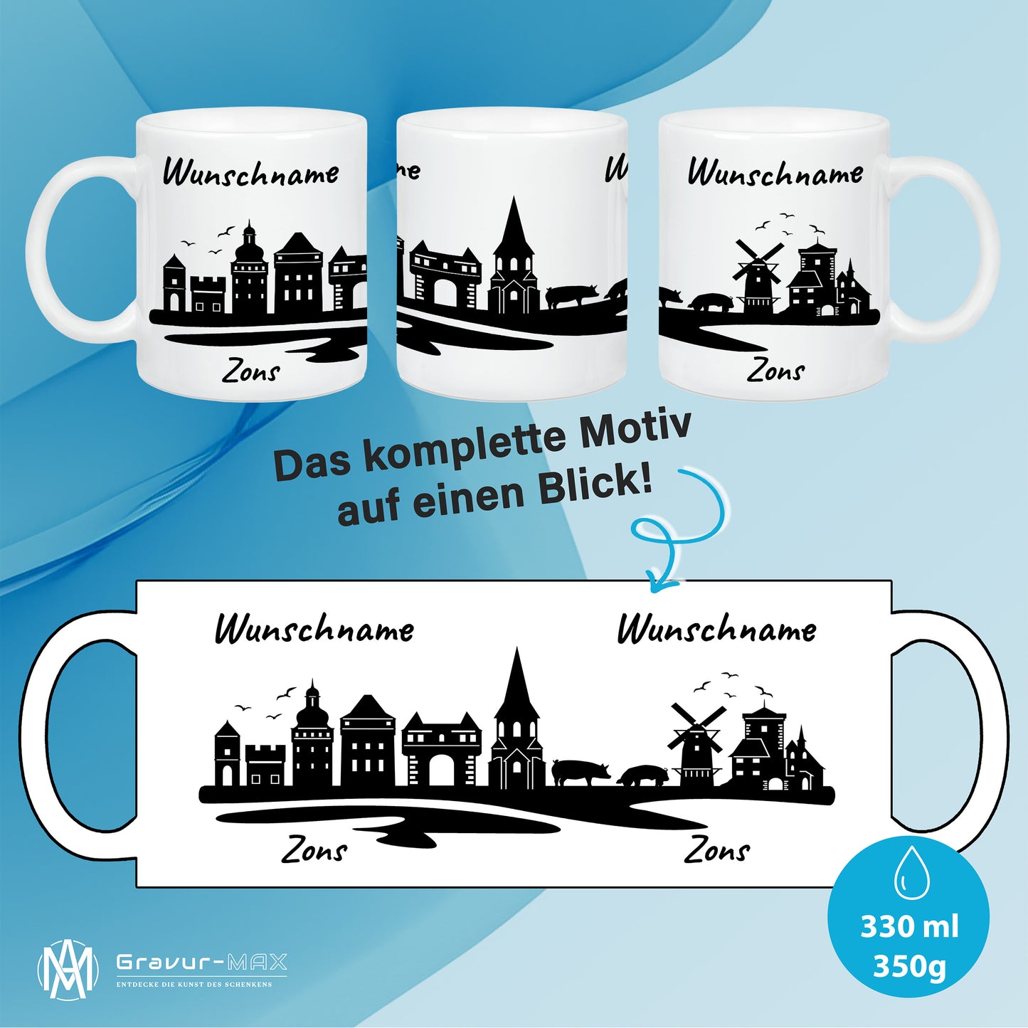 Tasse in Weiß 330ml bedruckt mit der Skyline von Zons (Dormagen) personalisierbar mit Wunschname