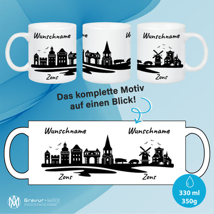 Tasse in Weiß 330ml bedruckt mit der Skyline von Zons (Dormagen) personalisierbar mit Wunschname