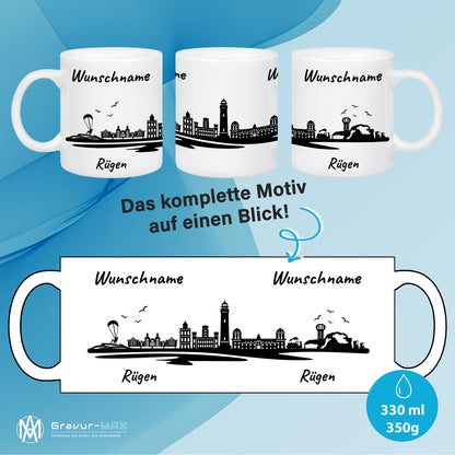 Tasse in Weiß 330ml bedruckt mit der Skyline von Rügen personalisierbar mit Wunschname