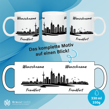 Tasse in Weiß 330ml bedruckt mit der Skyline von Frankfurt personalisierbar mit Wunschname