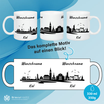 Tasse in Weiß 330ml bedruckt mit der Skyline von Kiel personalisierbar mit Wunschname
