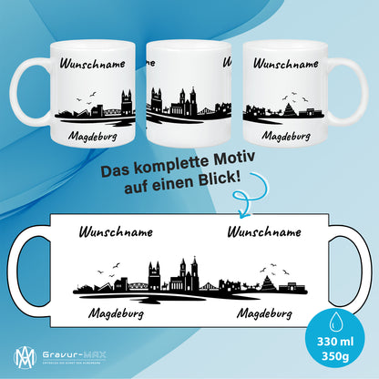Tasse in Weiß 330ml bedruckt mit der Skyline von Magdeburg personalisierbar mit Wunschname