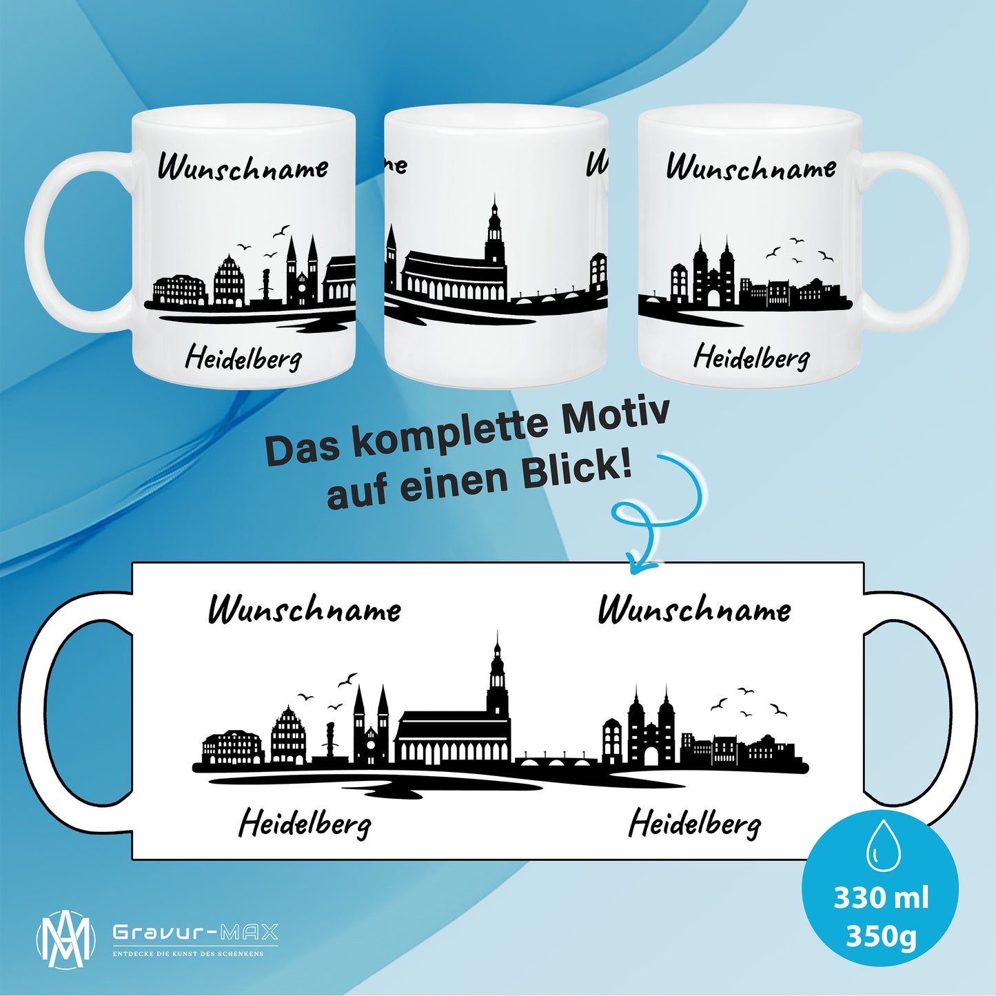 Tasse in Weiß 330ml bedruckt mit der Skyline von Heidelberg personalisierbar mit Wunschname