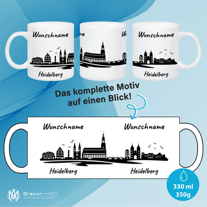 Tasse in Weiß 330ml bedruckt mit der Skyline von Heidelberg personalisierbar mit Wunschname