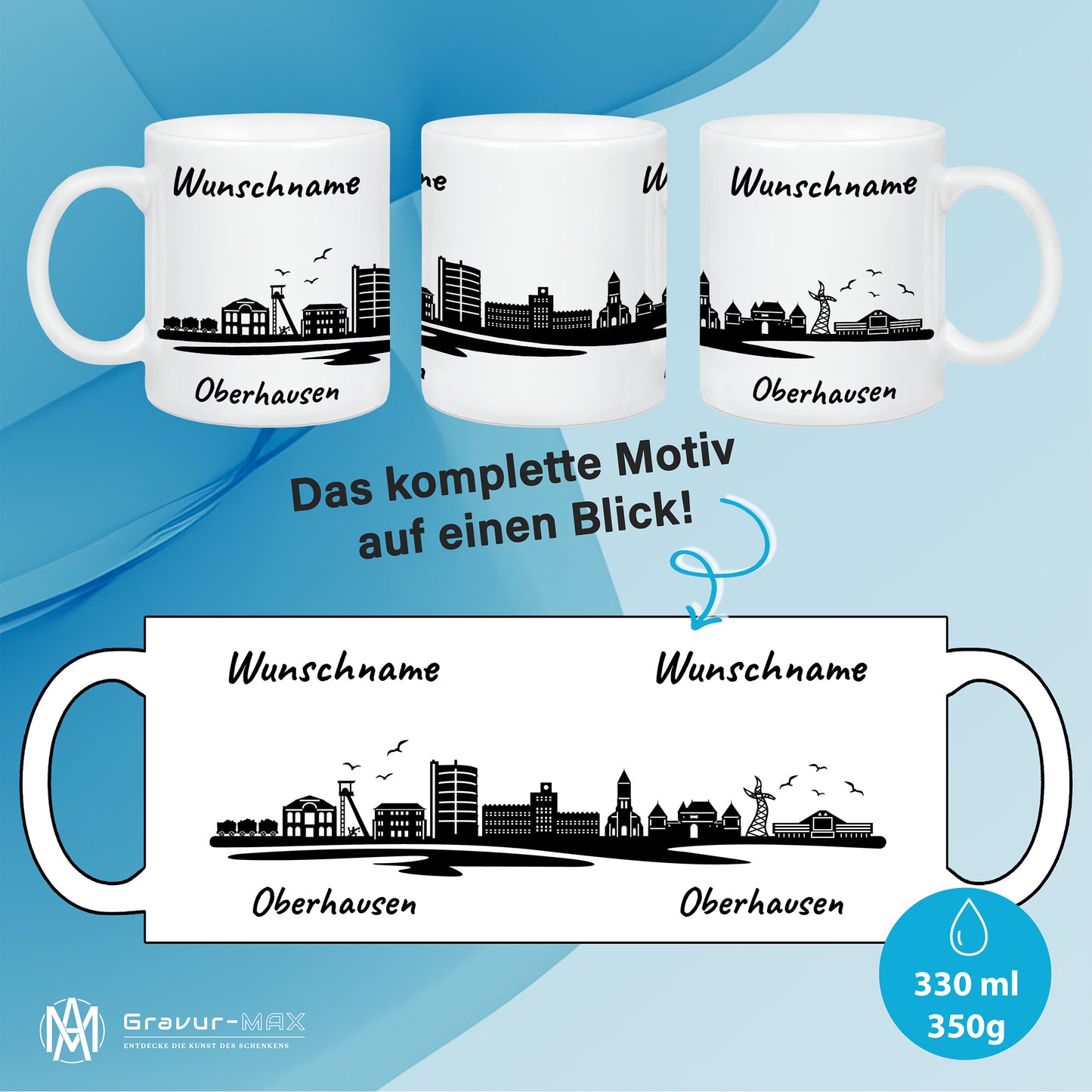 Tasse in Weiß 330ml bedruckt mit der Skyline von Oberhausen personalisierbar mit Wunschname