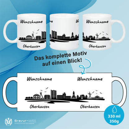 Tasse in Weiß 330ml bedruckt mit der Skyline von Oberhausen personalisierbar mit Wunschname