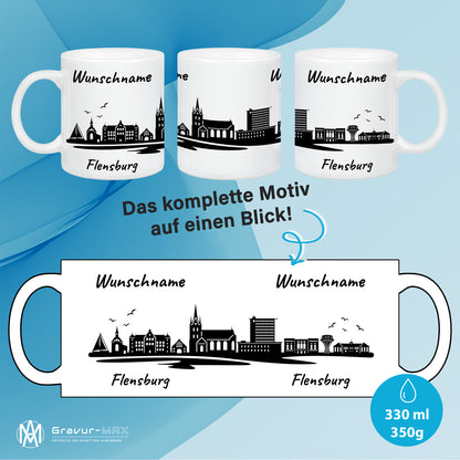 Tasse in Weiß 330ml bedruckt mit der Skyline von Flensburg personalisierbar mit Wunschname