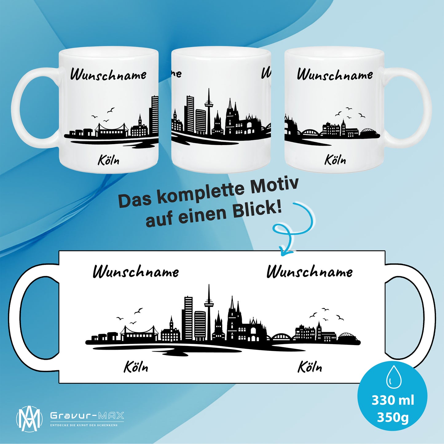 Tasse in Weiß 330ml bedruckt mit der Skyline von Köln personalisierbar mit Wunschname