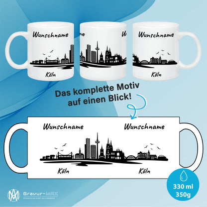Tasse in Weiß 330ml bedruckt mit der Skyline von Köln personalisierbar mit Wunschname