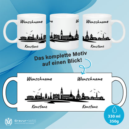 Tasse in Weiß 330ml bedruckt mit der Skyline von Konstanz personalisierbar mit Wunschname