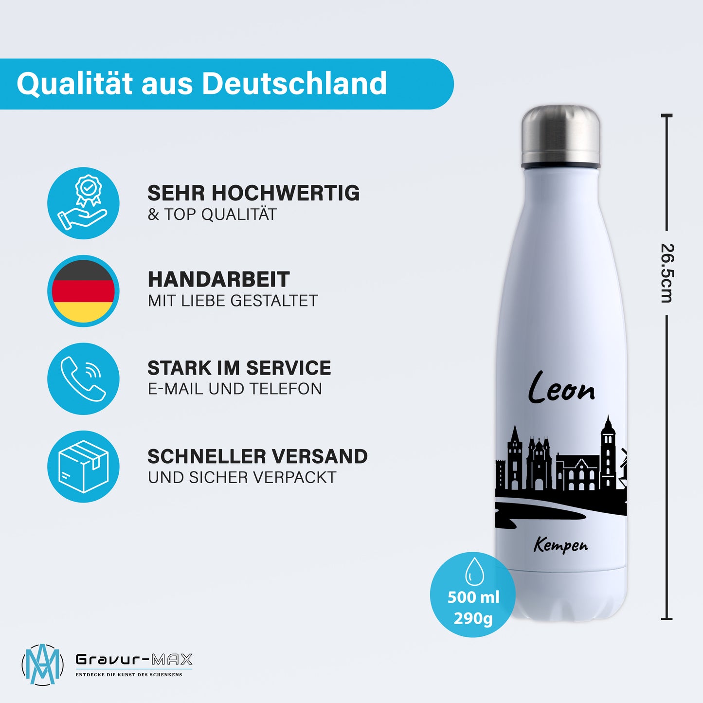Trinkflasche in Weiß 500ml aus Edelstahl bedruckt mit der Skyline von Kempen personalisierbar mit Wunschname