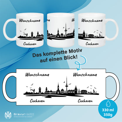 Tasse in Weiß 330ml bedruckt mit der Skyline von Cuxhaven personalisierbar mit Wunschname