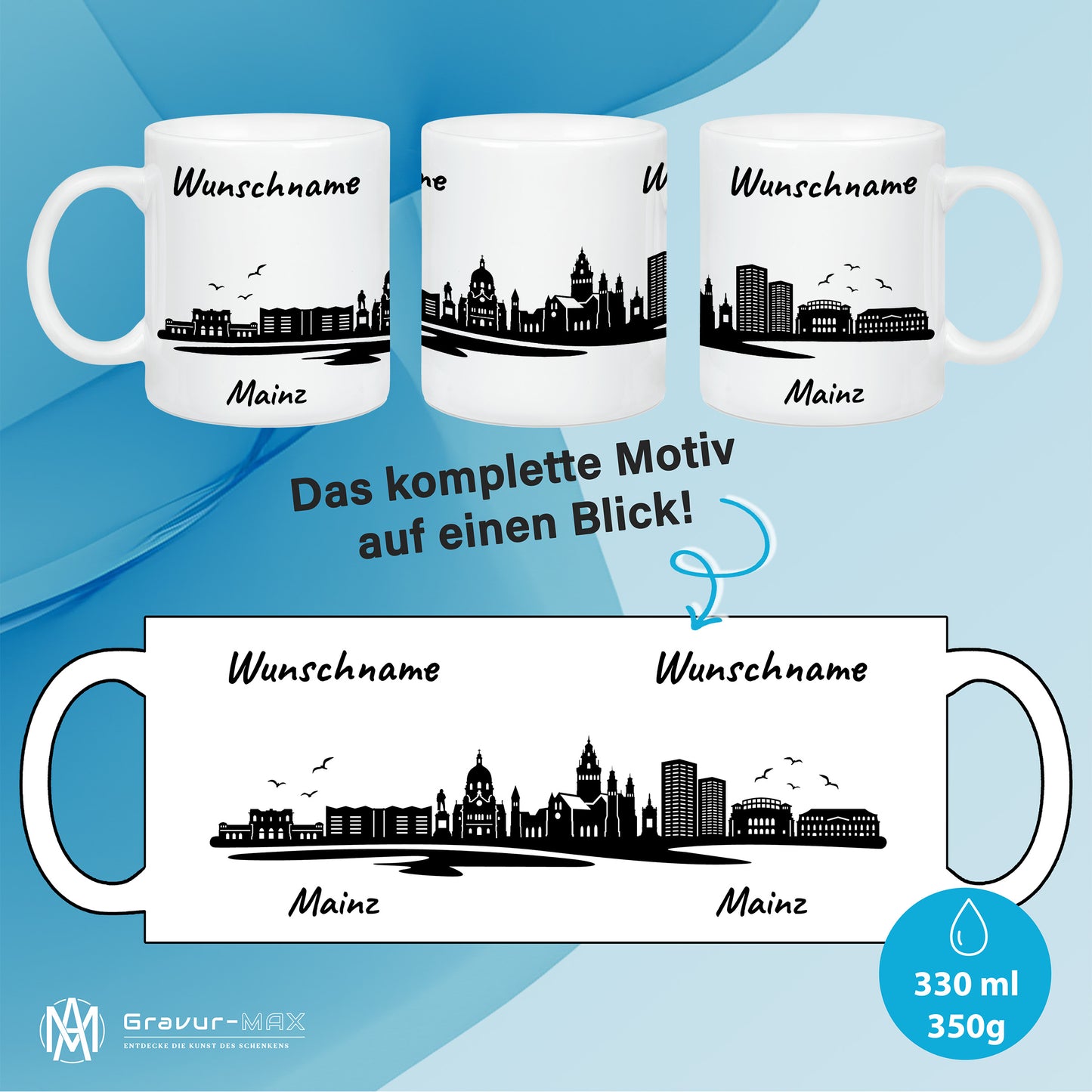 Tasse in Weiß 330ml bedruckt mit der Skyline von Mainz personalisierbar mit Wunschname