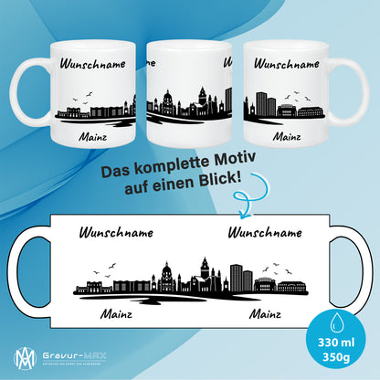 Tasse in Weiß 330ml bedruckt mit der Skyline von Mainz personalisierbar mit Wunschname