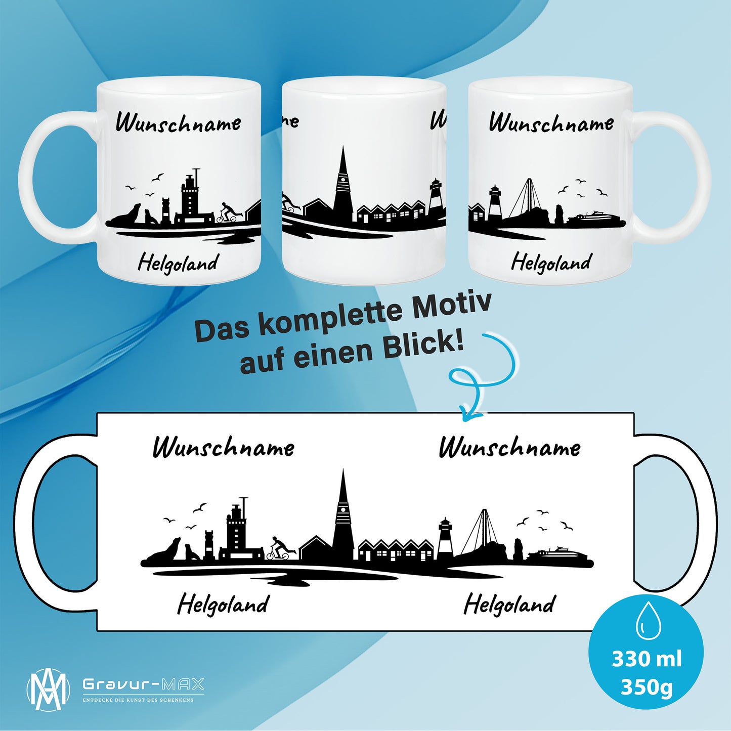 Tasse in Weiß 330ml bedruckt mit der Skyline von Helgoland personalisierbar mit Wunschname