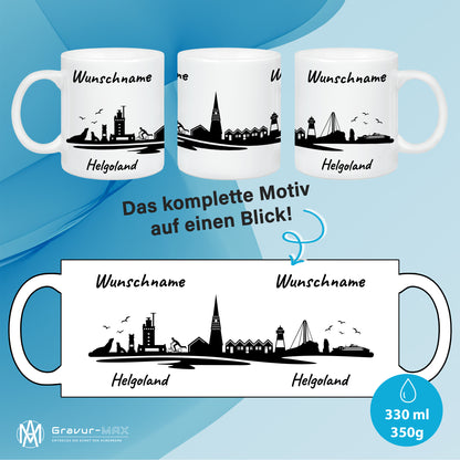 Tasse in Weiß 330ml bedruckt mit der Skyline von Helgoland personalisierbar mit Wunschname
