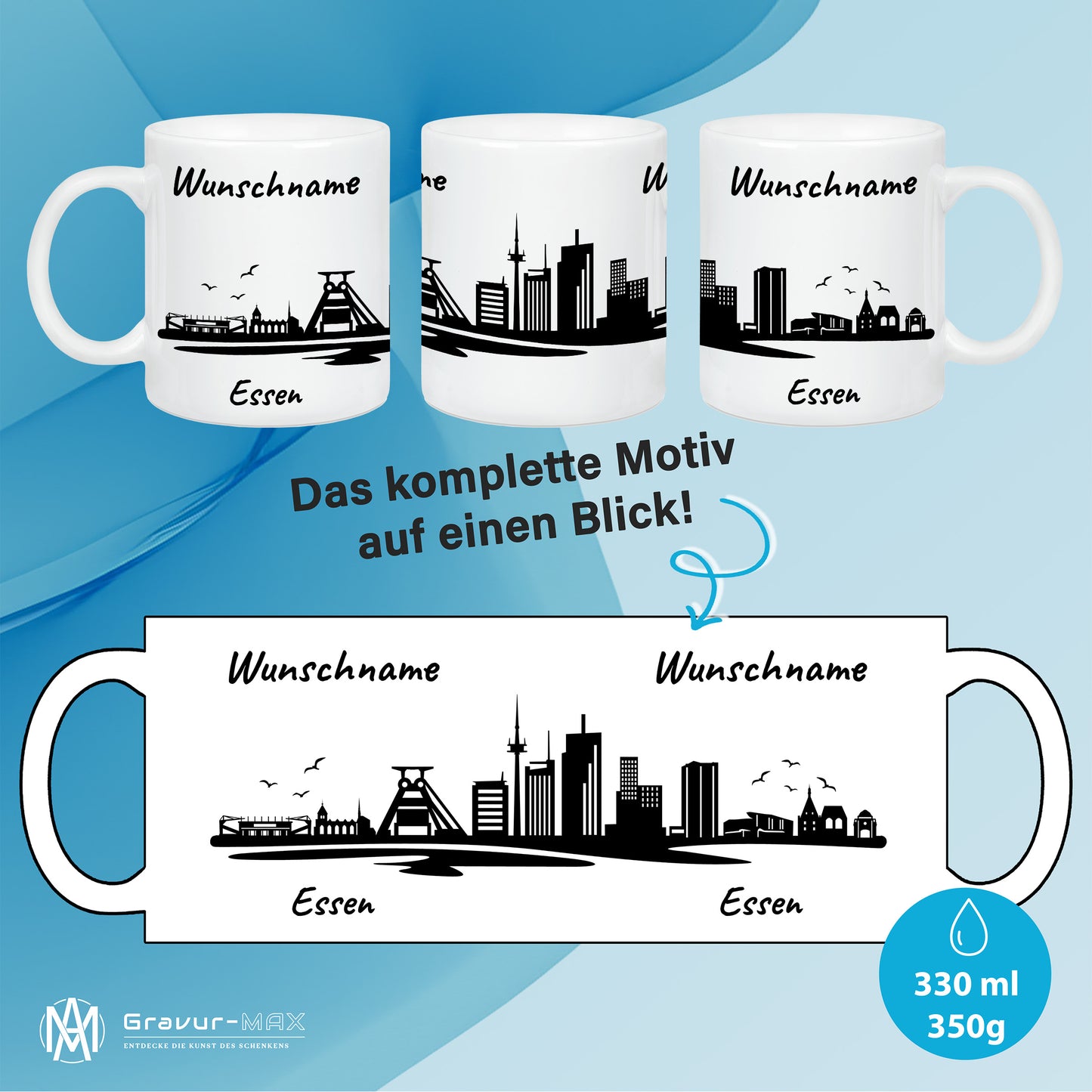 Tasse in Weiß 330ml bedruckt mit der Skyline von Essen personalisierbar mit Wunschname