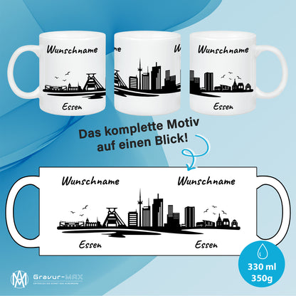 Tasse in Weiß 330ml bedruckt mit der Skyline von Essen personalisierbar mit Wunschname
