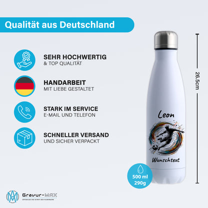 Thermoflasche 500ml in Weiß aus Edelstahl bedruckt "Fußball" Motiv1 personalisierbar mit Wunschname & Text