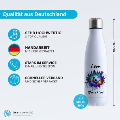 Thermoflasche 500ml in Weiß aus Edelstahl bedruckt "Fußball" Motiv7 personalisierbar mit Wunschname & Text