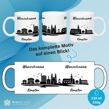 Tasse in Weiß 330ml bedruckt mit der Skyline von Kempten personalisierbar mit Wunschname