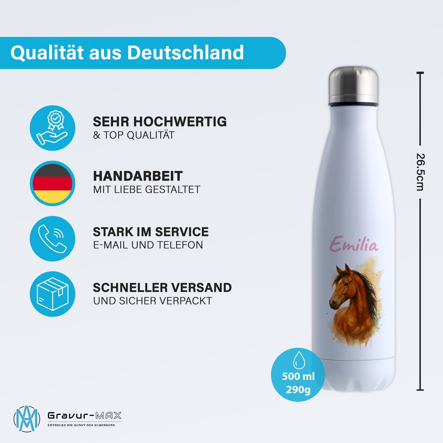 Thermoflasche 500ml in Weiß bedruckt mit tollen Motiven für Kinder "Pferd" personalisierbar mit Wunschname