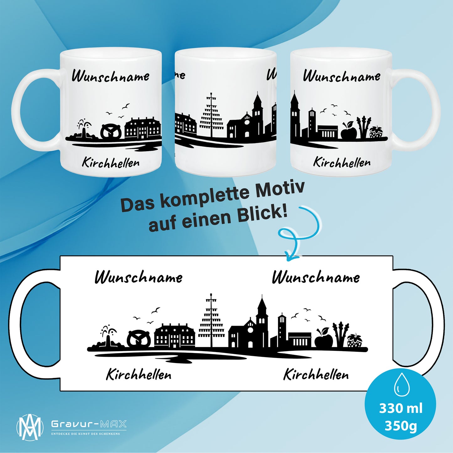 Tasse in Weiß 330ml bedruckt mit der Skyline von Kirchhellen personalisierbar mit Wunschname