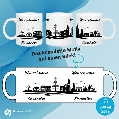Tasse in Weiß 330ml bedruckt mit der Skyline von Kirchhellen personalisierbar mit Wunschname